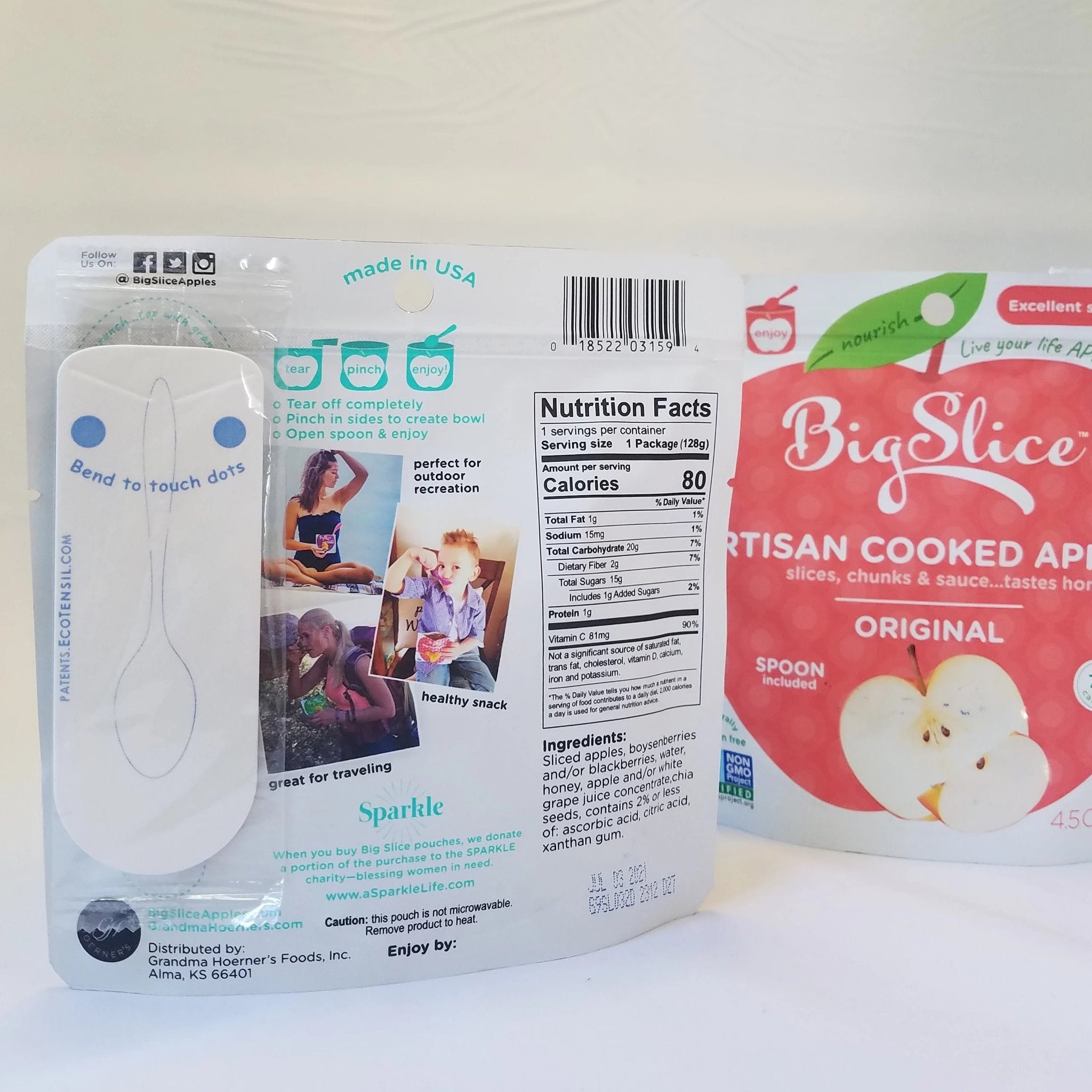EcoSpoon4 is shown as a spoon included in a package of apple sauce and is a biodegradable alternative utensil.