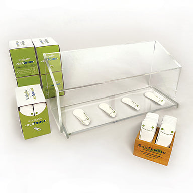 SafeServe™ Sampling Bundle: SafeServe  Sneeze Guard 14", 2,500 EcoTaster® Mini  Tasting Spoons, Free Bamboo Dispenser