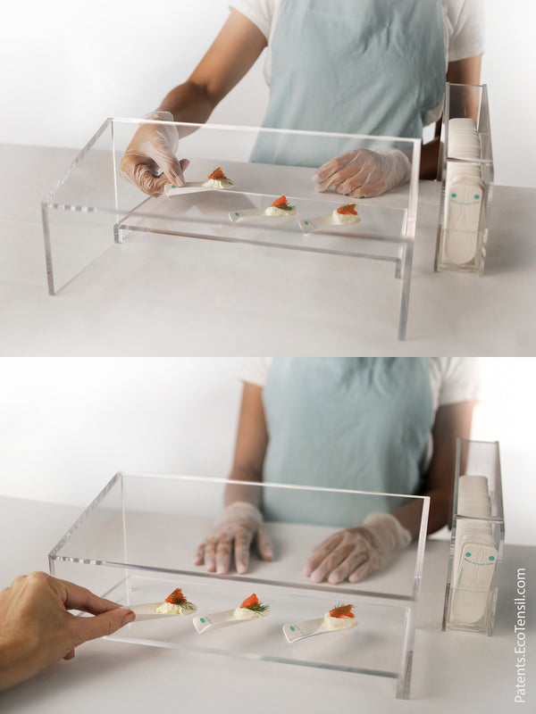 SafeServe plexi sneeze guard to protect food for sampling, clear food