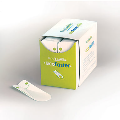 Safe Food Sampling Bundle: SafeServe™ Sneeze Guard for Food Sampling, case of 2,500 EcoTaster Mini Tasting Spoons, Free Bamboo Dispenser Included